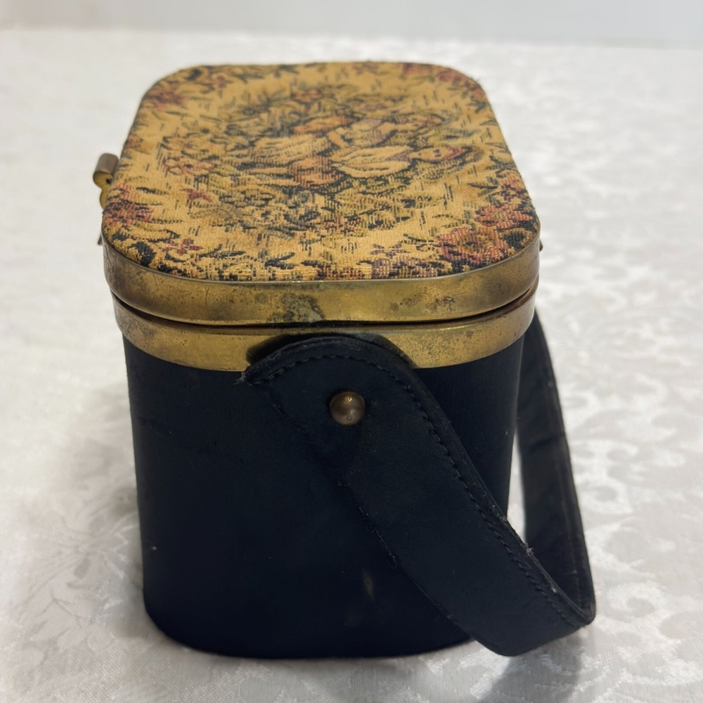Vintage Black Box Top Handbag Brass Accent Purse Needle Point Petit Tapestry 60s - Picture 7 of 12